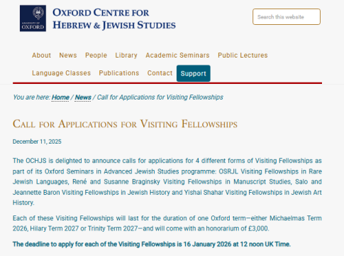 OSRJL Visiting Fellowships in Rare Jewish Languages 2026 at Oxford University
