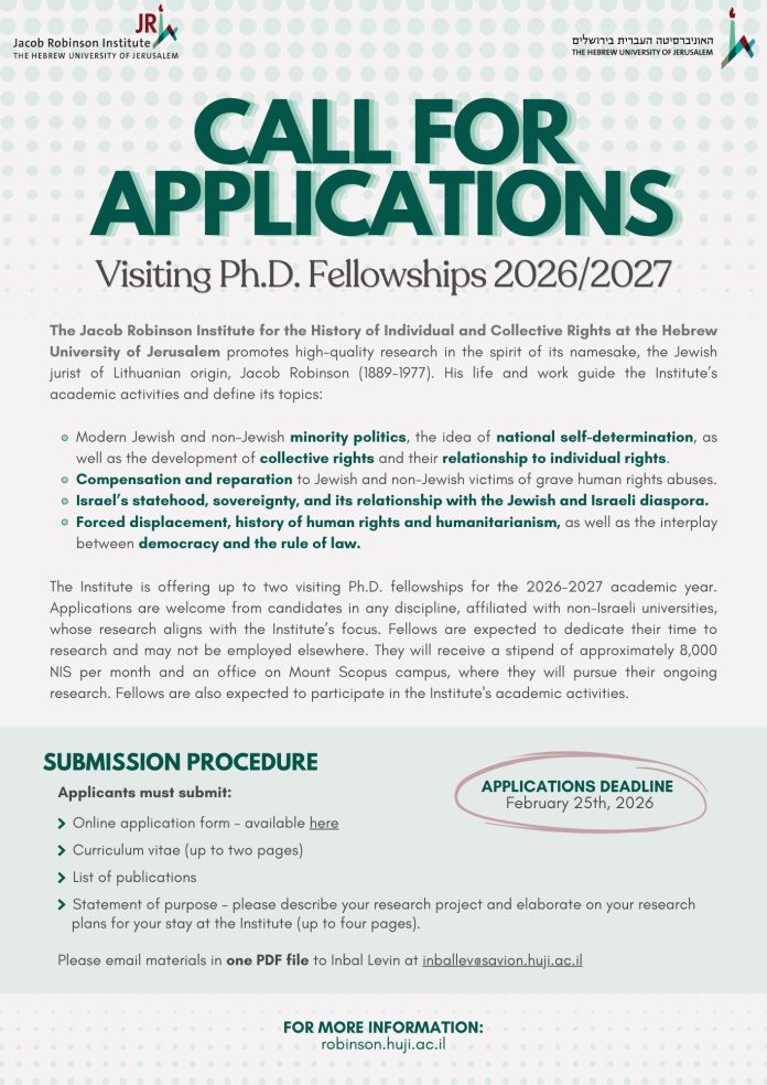 Visiting PhD Fellowships 2026 at the Jacob Robinson Institute Mount Scopus campus