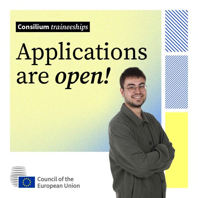 Council of the EU Traineeships 2026 trainees holding EU flag in Brussels