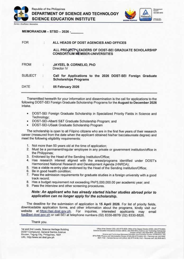 DOST SEI Foreign Graduate Scholarship 2026 official memorandum Philippines