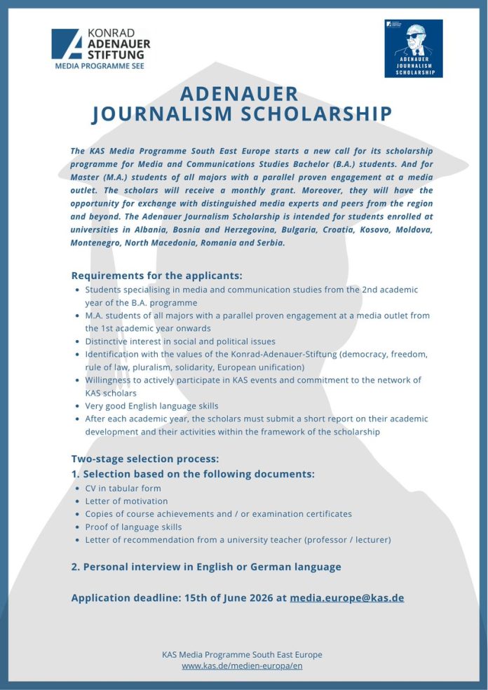 Adenauer Journalism Scholarship 2026 for media and communication students in Southeast Europe